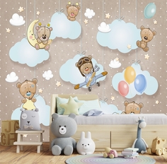 Фотообои Dekor Vinil "Мишки на облаках на бежевом фоне" 300х270 см