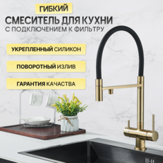 Смеситель для кухни AB105FGL с подключением к фильтру и гибким изливом золотой No Brand