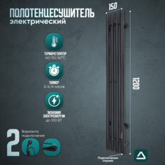 Полотенцесушитель электрический TermoPrime Арт3 1200х150 вертикальный черный матовый