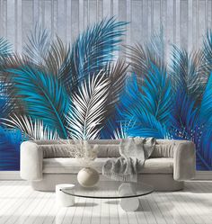 Фотообои Dekor Vinil Разноцветные листья пальмы в синих оттенках 300х270 см