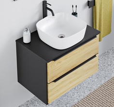 Тумба с раковиной Runo МАЛЬТА 70, черный дуб, подвесная, раковина Bella 41*41 с выпуском РУНО