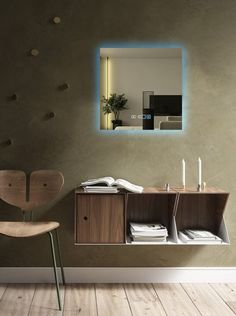 Зеркало для ванной Prisma 70*70 квадратное c часами и подогревом No Brand
