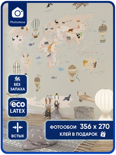 Фотообои Photostena Карта мира на русском с животными 3,56 x 2,7 м
