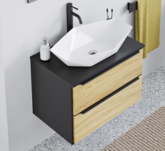 Тумба с раковиной Runo Мальта 85, подвесная, дуб черный, с раковиной Poligono 64х40 РУНО