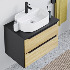 Тумба с раковиной Runo МАЛЬТА 85, черный дуб, подвесная, раковина Nuovo 51*40 с выпуском РУНО