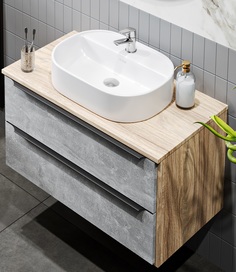 Тумба с раковиной Runo МАЛЬТА 70, серый дуб, раковина Nuovo + смеситель+выпуск РУНО