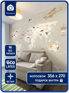 Фотообои Photostena Карта мира на русском с животными 3,56 x 2,7 м