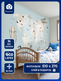 Фотообои Photostena Карта мира на русском с животными 5,1 x 2,7 м