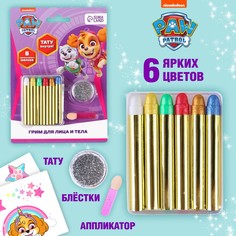 Грим для лица и тела, карандаши 6 цветов, блестки, аппликатор, тату PAW Patrol