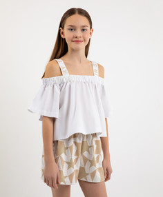 Блузка текстильная с открытой зоной плеч белая для девочки Gulliver (164)