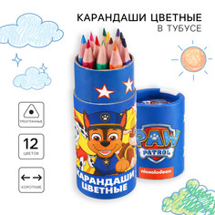 Карандаши цветные пластиковые в тубусе мини, 12 цветов, paw patrol