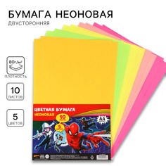 Бумага цветная неоновая, тонированная, а4, 10 листов, 5 цветов, 80 г/м2, человек-паук Marvel