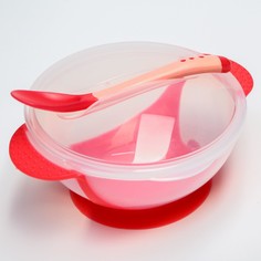 Набор для кормления: миска на присоске 340 мл., с крышкой, термоложка, цвет красно-бежевый Mum&Baby