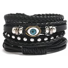 Плетеный браслет Croco Gifts кожаный, металл, 4 шт., размер 21 см, черный, серый