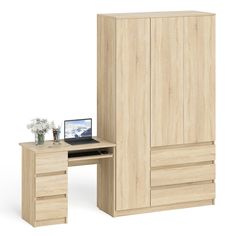 Стол СВК Мори МС-6Л и шкаф-комод с дверкой и тремя ящиками дуб сонома, 210х50х210 см