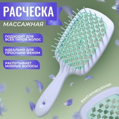 Расческа массажная, широкая, вентилируемая, 8,5 x 20,5 см, PVC коробка, цвет белый/бирюзов Queen Fair