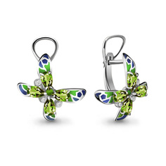 Серьги из серебра Aquamarine 4464707А, хризолит/фианит/эмаль