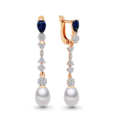 Серьги подвески из красного золота с фианитом/сапфиром искусственным Aquamarine 46382Б