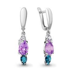 Серьги подвески из серебра с аметистом/топазом/фианитом Aquamarine 4743332А