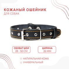Ошейник для собак средних пород, обхват 28-50 см, Черный, натуральная кожа No Brand
