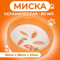 Миска для грызунов Пижон, принт с морковками, оранжевая, керамика, 80 мл, 8,8 х 8,8 х 3 см