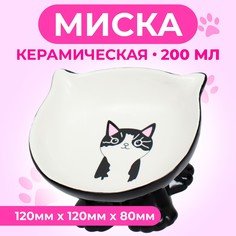 Миска для кошек Пижон Киса на подставке-лапках, черная, керамика, 200 мл, 13 х 12 х 8 см