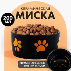 Миска для кошек Пушистое счастье Веселый котик, черная, керамика, 200 мл
