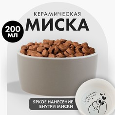 Миска для кошек Пушистое счастье Любимому котику, серая, керамика, 200 мл