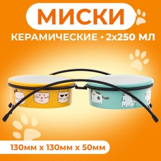 Миски для кошек Пижон на подставке, разноцветные, керамика, 2 шт по 250 мл