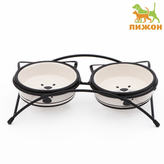 Миски для кошек Пижон, на подставке, белые, керамика, 2 х 250 мл