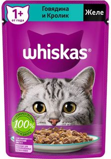 Влажный корм для кошек Whiskas, говядина и кролик в желе, 75 г