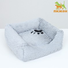 Лежак с подушкой Пижон BELKA, квадратный пухлый, мех, сатин, периотек, серый, 45x45x15 см