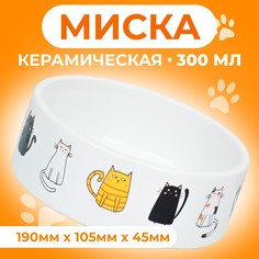 Миска для кошек Пижон Котяры, белая, керамика, 300 мл, 12,5 x 4,5 cм