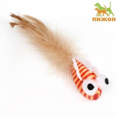 Игрушка для кошек "Полосатая рыба" с перьями, 5 см, оранжевая Пижон