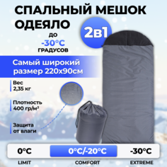 Спальный мешок туристический зимний Moonlax 90x220 см, до -30С, 400 г/м2, серый