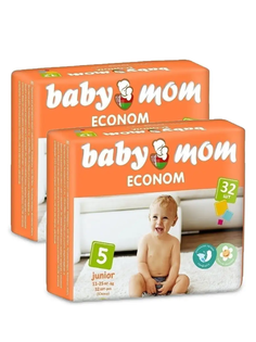 Подгузники детские Baby Mom Econom с кремом-бальзамом, 5 размер 2 уп по 32 шт