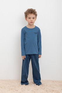 Пижама детская CROCKID М 1303-1, М 3702, синяя волна, бежевая клетка, 92