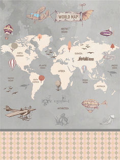 Фотообои флизелиновые Photostena "Карта путешествий" 2 х 2,7 м (ШхВ) (серый)