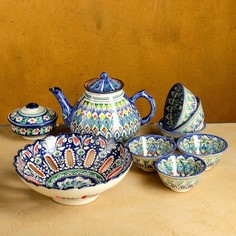 Набор чайный Риштан, 9 предм: чайник 1,5л, 6 пиал 9,5см, конфетница 23см, сахарница 250мл Shafran