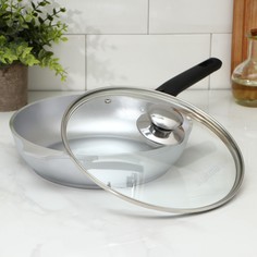 Сковорода, d=24 см, стеклянная крышка, съёмная ручка, цвет серый Kukmara