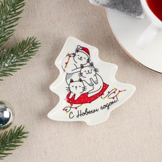 Подставка под чайный пакетик С Новым годом. Котики, 8.7 х 8.5 см No Brand