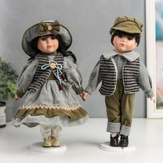 Кукла коллекционная парочка набор 2 шт "Марина и Паша в нарядах в зелёную полоску" 30 см No Brand