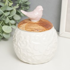 Шкатулка керамика круглая "Розовая птичка" белый 9х9х12,5 см No Brand