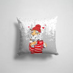 Подушка декоративная 45х45см Звери Крупные кошки Тигр с чашкой кофе 365home