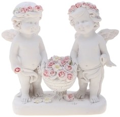 Сувенир полистоун "Белоснежные ангелы в розовых веночках с корзиной роз" 9х9х3,5 см Хорошие сувениры