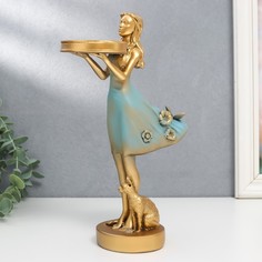 Сувенир полистоун подсвечник Девушка с котом d- 5 см, голубой с золотом 8,2х14х25,5 см No Brand