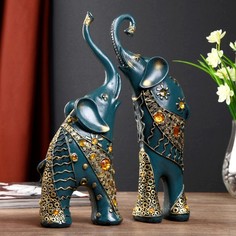 Сувенир полистоун Синие слоны с оранжевыми стразами набор 2 шт 28,5х21х8,3 см No Brand