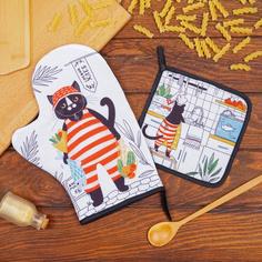 Набор кухонный Мяу варежка-прихватка 20х28см, прихватка 17х17см, 35% х/л,65% п/э No Brand