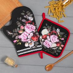 Набор кухонный Flowers варежка-прихватка 20х28см, прихватка 19х19см,100% хл No Brand