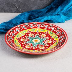 Тарелка Риштанская Керамика Узоры, 28 см, красная No Brand